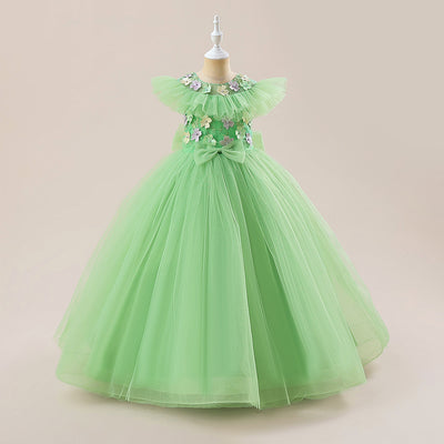 Ball Gown 3D Flowers Princess Green Tulle Ruffles Formal Party Flower Gilr Dress