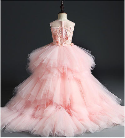 Vestido de niña de flores de fiesta de boda alto bajo de tul rosa con mariposas florales en 3D con cuentas