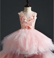 Beaded 3D Floral Butterflies Tiered Pink Tulle Hi Low Wedding Party Flower Girl Dress