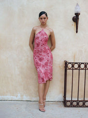 Halter-Neck Printed Midi Dress with Slim Silhouette