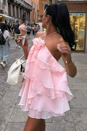 Halter A-Line Ruffles Chiffon Backless Short Homecoming Summer Dress