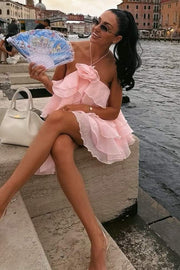 Halter A-Line Ruffles Chiffon Backless Short Homecoming Summer Dress
