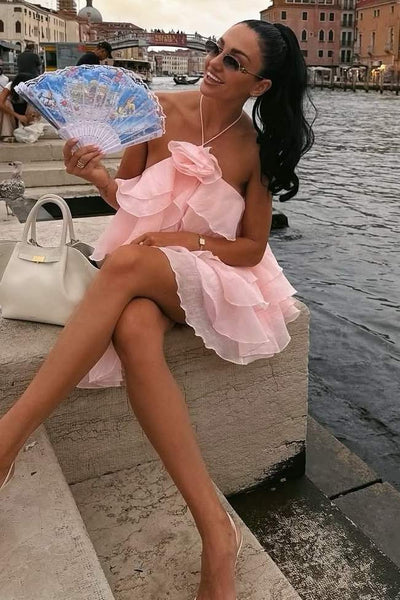 Halter A-Line Ruffles Chiffon Backless Short Homecoming Summer Dress
