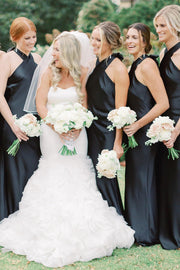 Sheath Black Charmeuse Halter Cutout Back Long Bridesmaid Dress, Bow