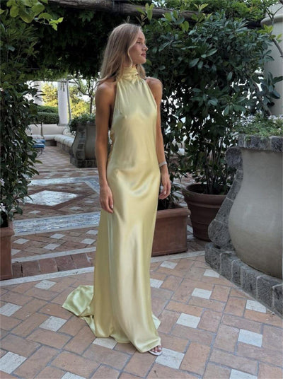 High-Neck Satin Halter Gown with Floor-Length Drape