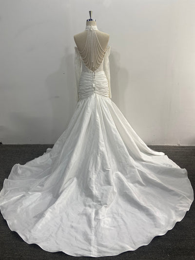 Mermaid Wedding Dress Off Shoulder Lace Beaded Back Chains Chapel High Neck