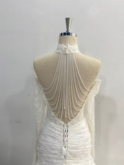 Mermaid Wedding Dress Off Shoulder Lace Beaded Back Chains Chapel High Neck