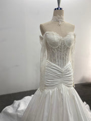 Mermaid Wedding Dress Off Shoulder Lace Beaded Back Chains Chapel High Neck
