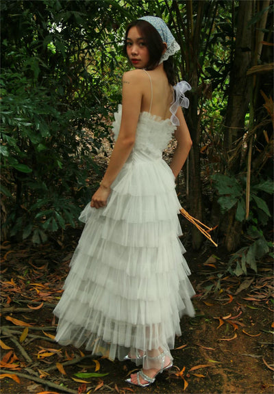 Ivory Tiered Tulle Midi Dress white