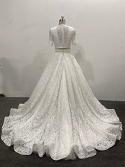 Lace Wedding Dress Short Sleeves Beaded Waist Court Two Pieces Set Bridal Gown