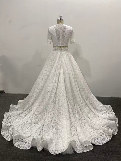 Lace Wedding Dress Short Sleeves Beaded Waist Court Two Pieces Set Bridal Gown