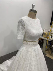 Lace Wedding Dress Short Sleeves Beaded Waist Court Two Pieces Set Bridal Gown