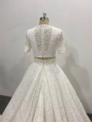 Lace Wedding Dress Short Sleeves Beaded Waist Court Two Pieces Set Bridal Gown