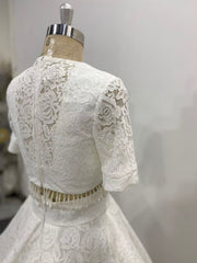 Lace Wedding Dress Short Sleeves Beaded Waist Court Two Pieces Set Bridal Gown