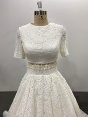 Lace Wedding Dress Short Sleeves Beaded Waist Court Two Pieces Set Bridal Gown