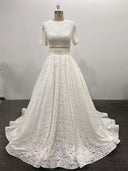 Lace Wedding Dress Short Sleeves Beaded Waist Court Two Pieces Set Bridal Gown