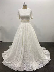 Lace Wedding Dress Short Sleeves Beaded Waist Court Two Pieces Set Bridal Gown