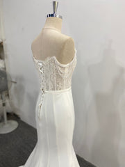Strapless Mermaid Wedding Dress Ivory Lace Satin Pearl Chain Straps Court