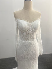 Mermaid Lace Wedding Dress Two Piece Off Shoulder Detachable Tulle Overskirt