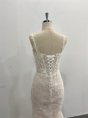 Lace Mermaid Wedding Dress Spaghetti Strap 3D Floral Beading Court Train