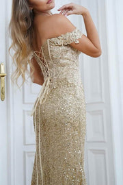 Off Shoulder Gold Lace Sequin Floor Length Mermaid Formal Prom Dress,Slit