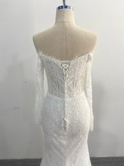 Mermaid Lace Wedding Dress Two Piece Off Shoulder Detachable Tulle Overskirt