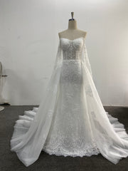 Mermaid Lace Wedding Dress Two Piece Off Shoulder Detachable Tulle Overskirt