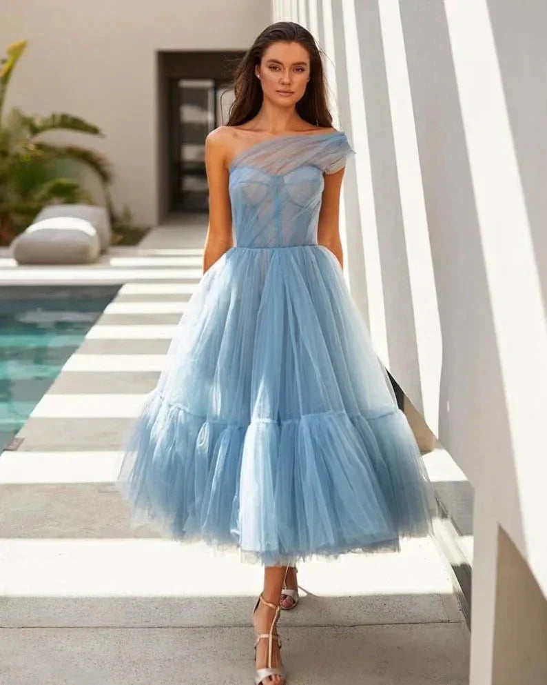 light blue tulle dress Straps Pleated Tiered Formal The fabric is comfortable for skin Light Blue Soft Tulle Aesthetic