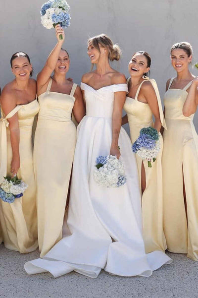 Yellow Satin Square Neck Straps Backless Floor Length A-Line Bridesmaid Dress, Slit