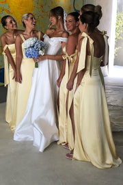 Yellow Satin Square Neck Straps Backless Floor Length A-Line Bridesmaid Dress, Slit