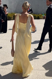 Yellow Satin Square Neck Straps Backless Floor Length A-Line Bridesmaid Dress, Slit