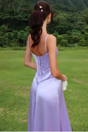 A-Line Square Neck Spaghetti Straps Sleeveless Lilac Satin Floor Length Prom Dress