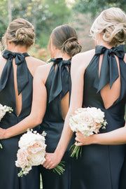 Sheath Black Charmeuse Halter Cutout Back Long Bridesmaid Dress, Bow
