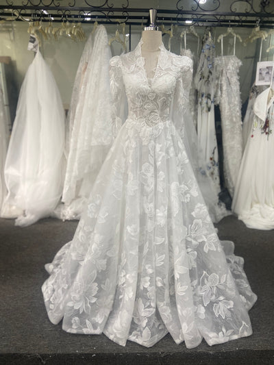 3D Floral Lace Wedding Dress Long Sleeve A-Line Sheer Back Chapel Train