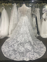 3D Floral Lace Wedding Dress Long Sleeve A-Line Sheer Back Chapel Train