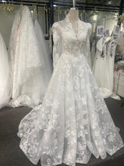 3D Floral Lace Wedding Dress Long Sleeve A-Line Sheer Back Chapel Train