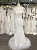 Beading Lace Wedding Dress Long Sleeve Trumpet Buttons Sweep