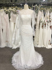 Beading Lace Wedding Dress Long Sleeve Trumpet Buttons Sweep