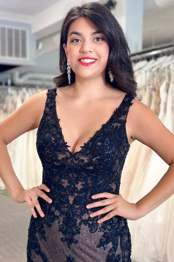 deep v neck black evening dress lace A-line V Neck Open Back Black Lace Prom Dress with Beading TP0899 US16 / Custom Color