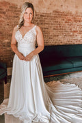 White Floral Lace Chiffon Open Back Long Chapel Bridal Gown, Buttons