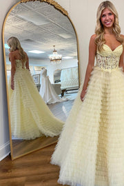 Yellow Sweetheart Ruffle Tiered A-Line Prom Dress