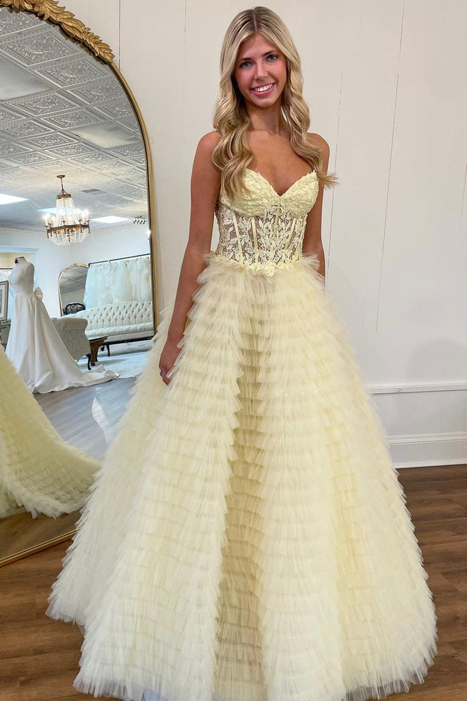 Yellow Tulle Strapless Sweetheart Ruffle Tiered A-Line Prom Dress, Sli - Princessly Yellow Tulle Strapless Sweetheart Ruffle Tiered A-Line Prom Dress, Sli - Princessly