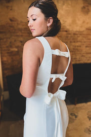 White Bateau Cutout Back Trumpet Long Wedding Dress