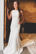 White Satin Bateau Cutout Back Trumpet Long Wedding Dress