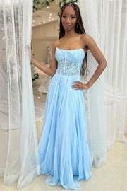Magenta Chiffon Appliques Strapless A-Line Long Prom Dress