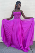 Magenta Chiffon Lace Chiffon Strapless A-Line Long Prom Dress