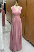 A-Line Pleated Pink Tulle V-Neck Sleeveless Cross-Back Long Formal Dress