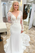 White Lace Satin Plunging Long Sleeves Mermaid Bridal Gown