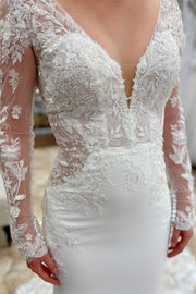 White Appliques Plunge V Mermaid Bridal Gown with Long Sleeves