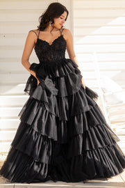 Tiered Ruffle Appliques Corset Long Prom Dress with Spaghetti Straps